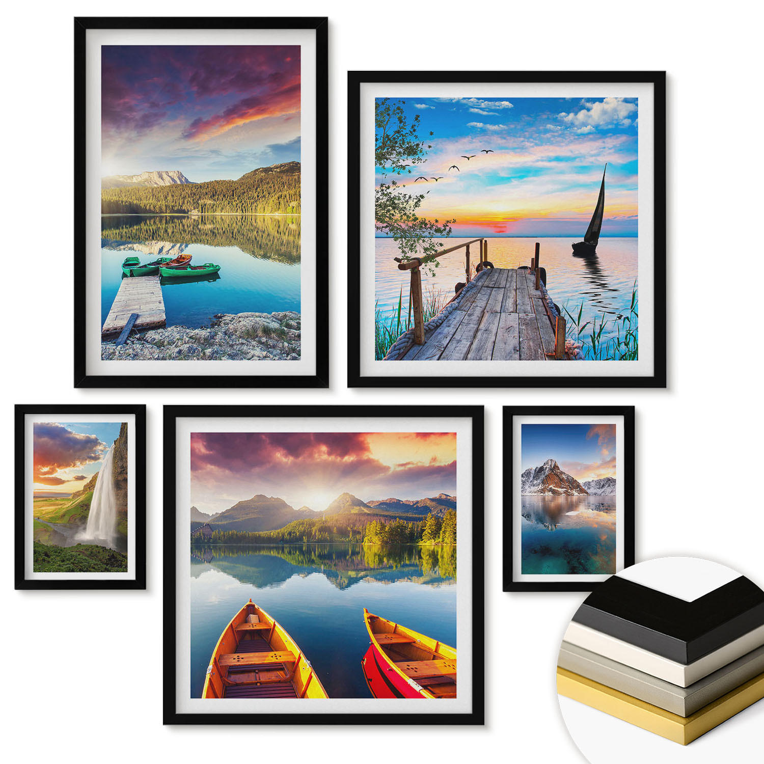 WANDBILDER 5er-Set - 50x50 cm & 20x30 cm & 40x60 cm Schwarzer Rahmen - Seen- und Berglandschaft Łódź - Schwarz, Kunststoff (40/60cm) - ArtPrintCave
