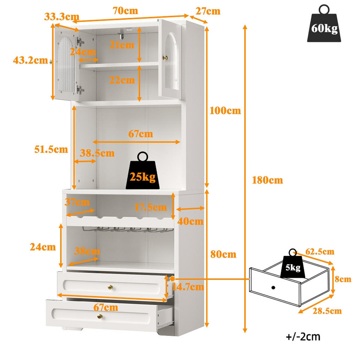 KÜCHENSCHRANK, Vitrinenschrank mit Glastüren, LED-Beleuchtung & Weinregal, MDF/Metall, 140/180/40 cm - Weiß, Kunststoff (40/180/140cm) - Rolipo