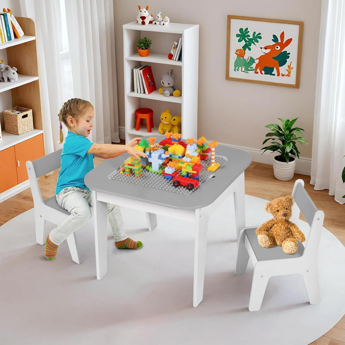 KINDERTISCH mit 2 Stühlen 4-in-1 Set Grau - Weiß, Holzwerkstoff (50/49/54cm)