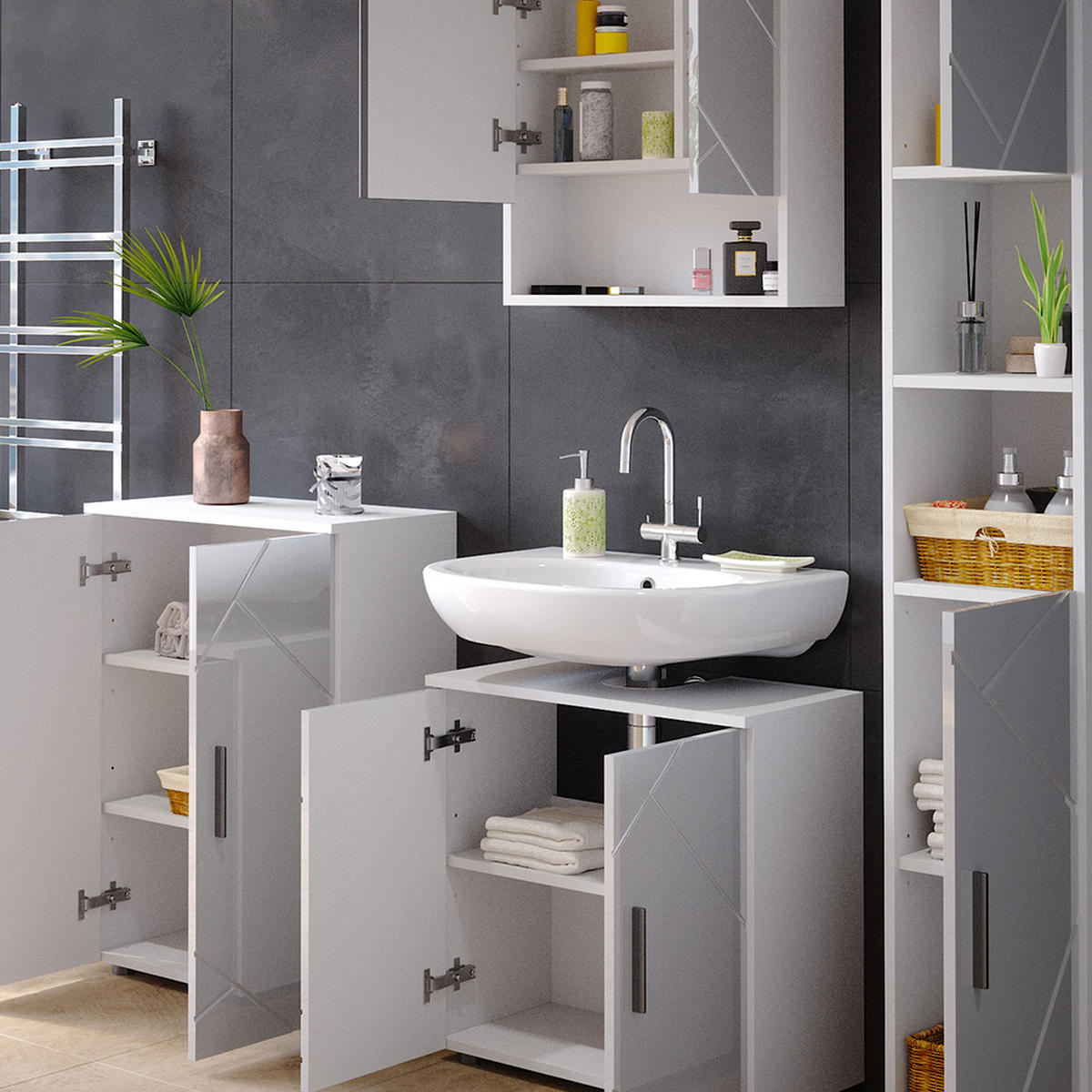 BADMÖBEL-SET Irma Weiß Hochglanz 4 Teile, mit Hochschrank und Kommode - Weiß Hochglanz/Weiß, Holzwerkstoff (80/58.6/41cm) - Vicco