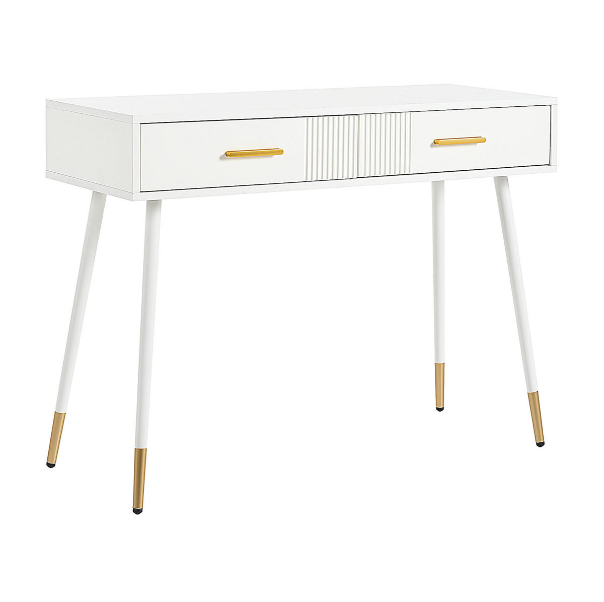 SCHMINKTISCH aus MDF 100x40x76 cm Weiß mit 2 Schubladen und goldfarbenen Metallfüßen - Weiß, Holzwerkstoff (100/76/40cm) - Modfu
