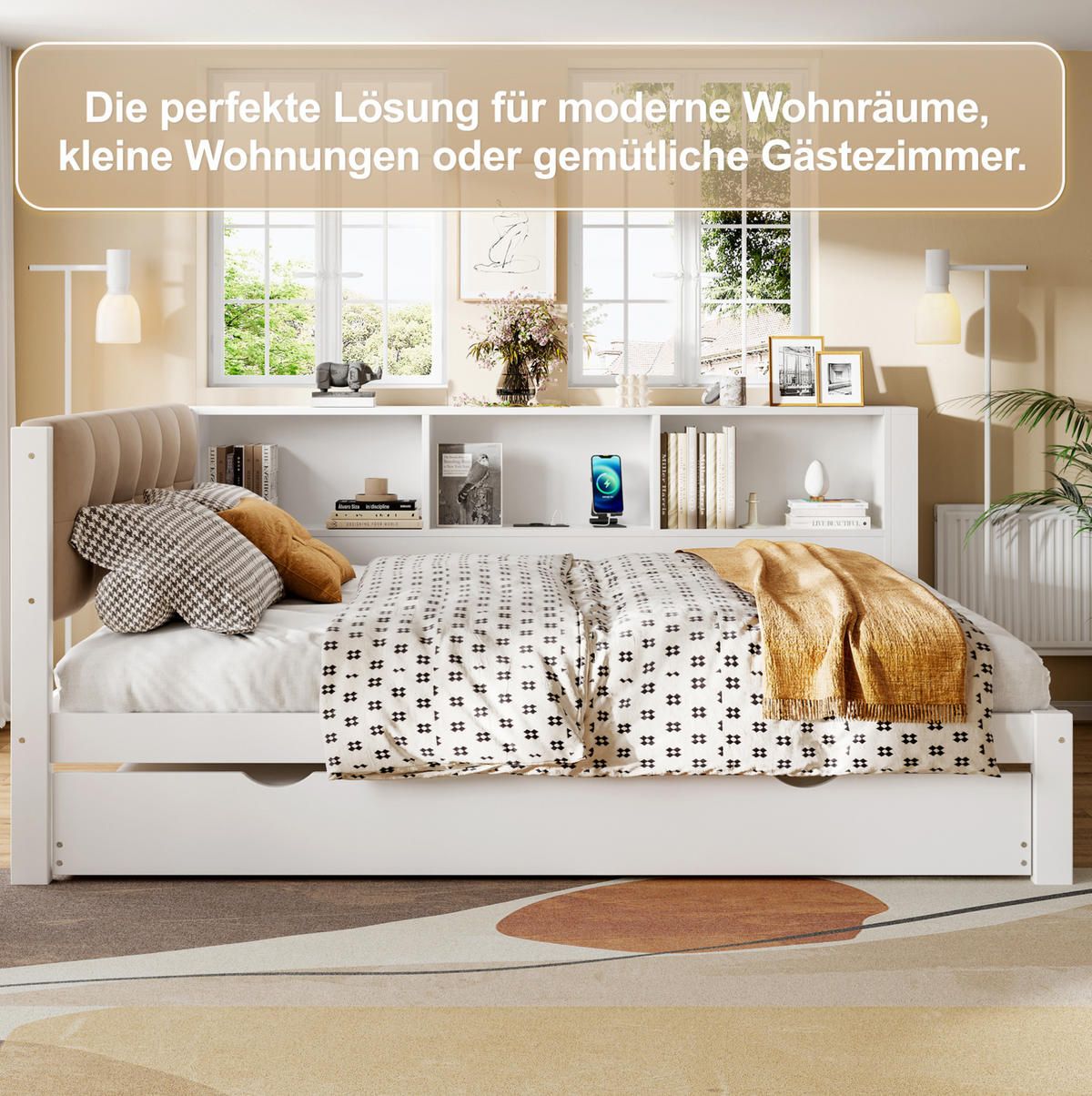 POLSTERBETT 140/200 cm mit Ausziehbett, LED-Beleuchtung, USB-Anschluss und Regal, Kiefer massiv/MDF, Weiß - Weiß, Holz (140/200cm) - Redom