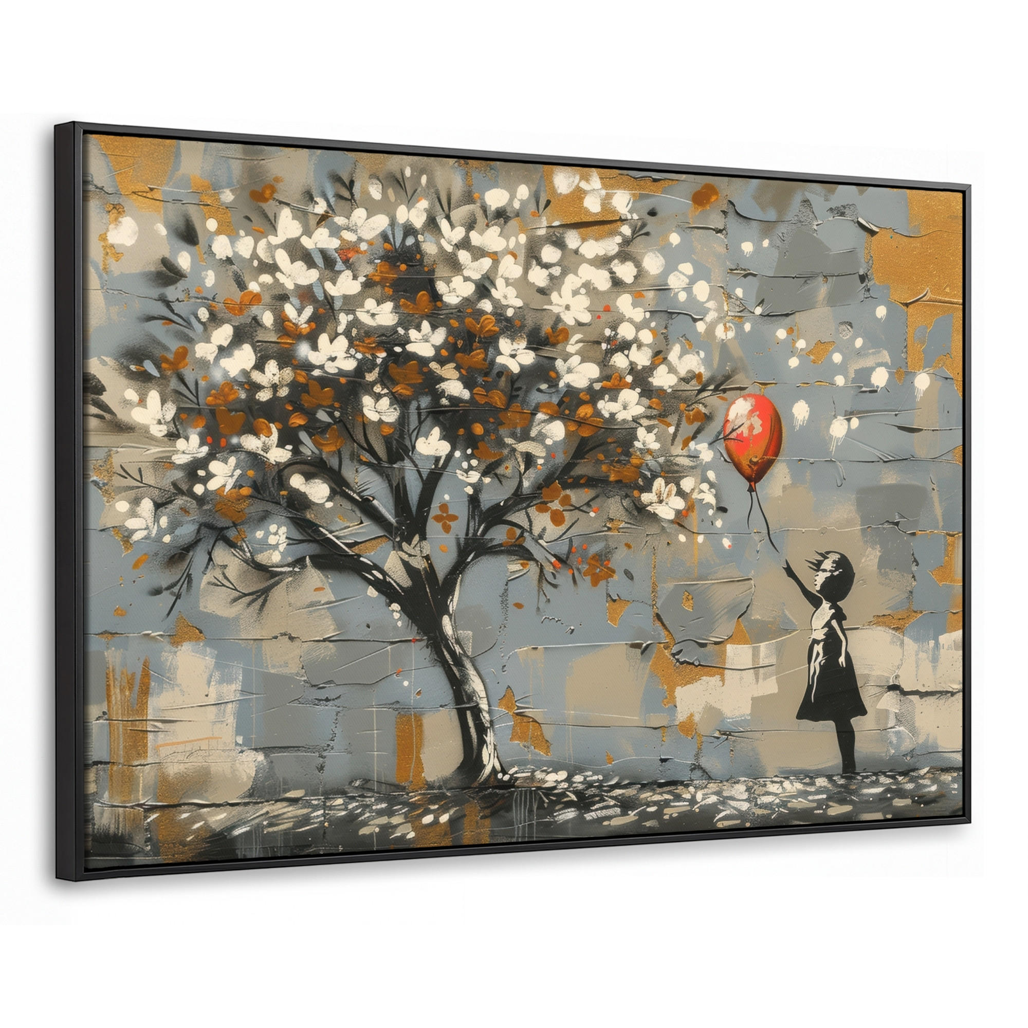 LEINWAND Bilder mit Rahmen - Baum - Graffiti - Banksy-Stil - Ballon-Mädchen - 90x60 - Blaugrau, Textil (90/60cm) - MuchoWow