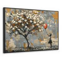 LEINWAND Bilder mit Rahmen - Baum - Graffiti - Banksy-Stil - Ballon-Mädchen - 90x60 - Blaugrau, Textil (90/60cm) - MuchoWow