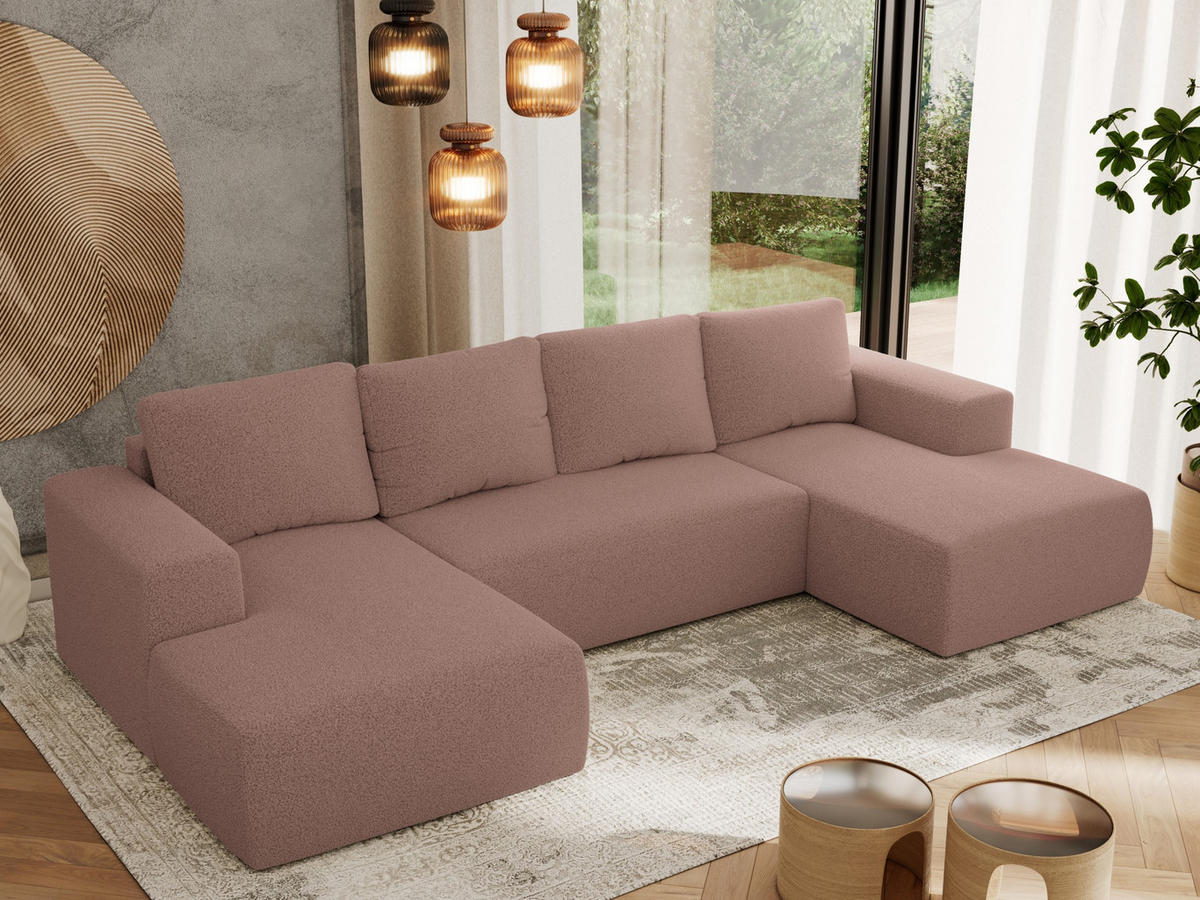 WOHNLANDSCHAFT TRENTINO U Rosa Boucle - Rosa, Textil (334/91/163cm) - MKS