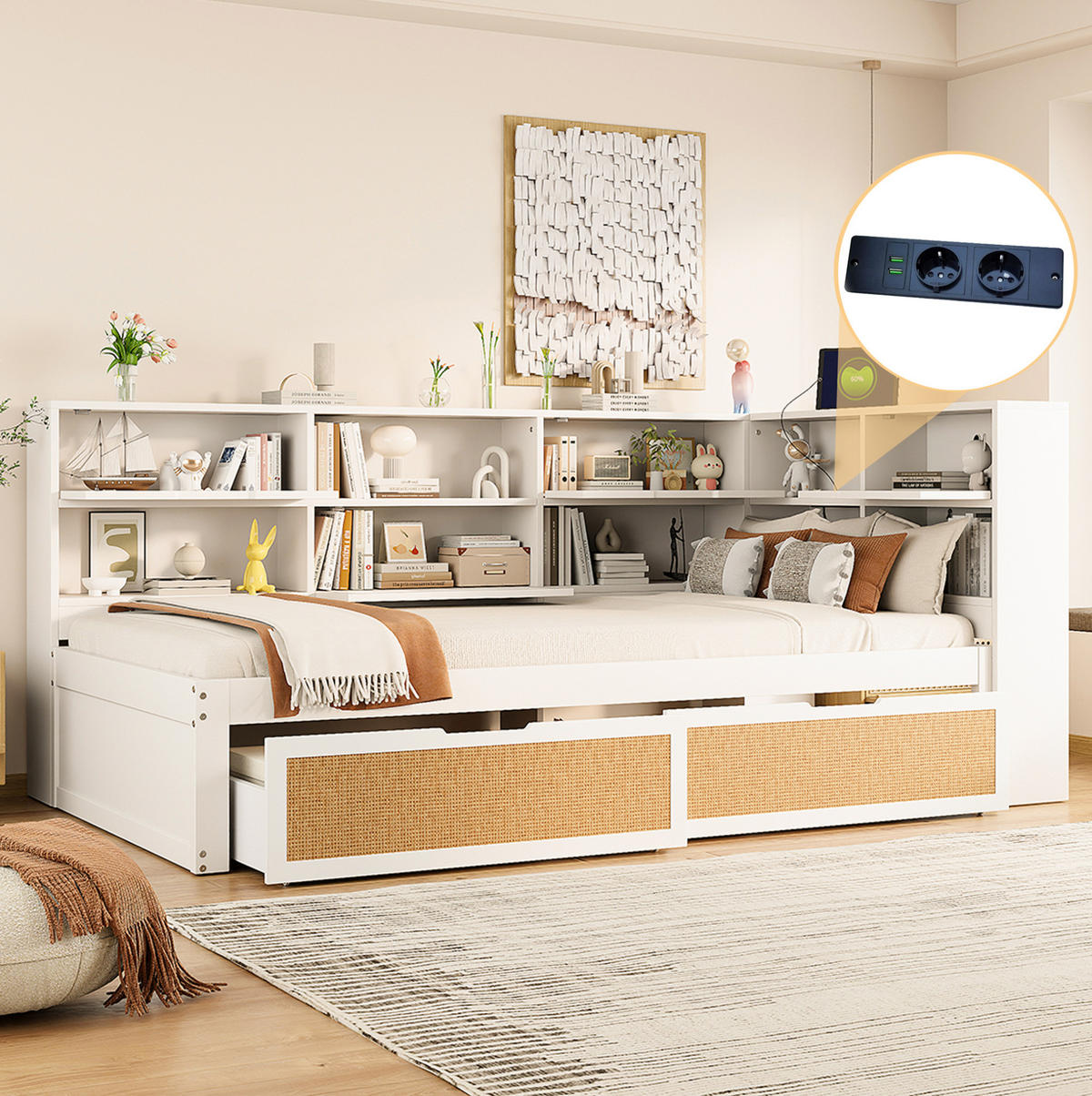 BETT aus Massivholz 90/200 cm mit Schublade und USB-Anschluss Weiß - Weiß, Holz (90/200cm) - OKWISH