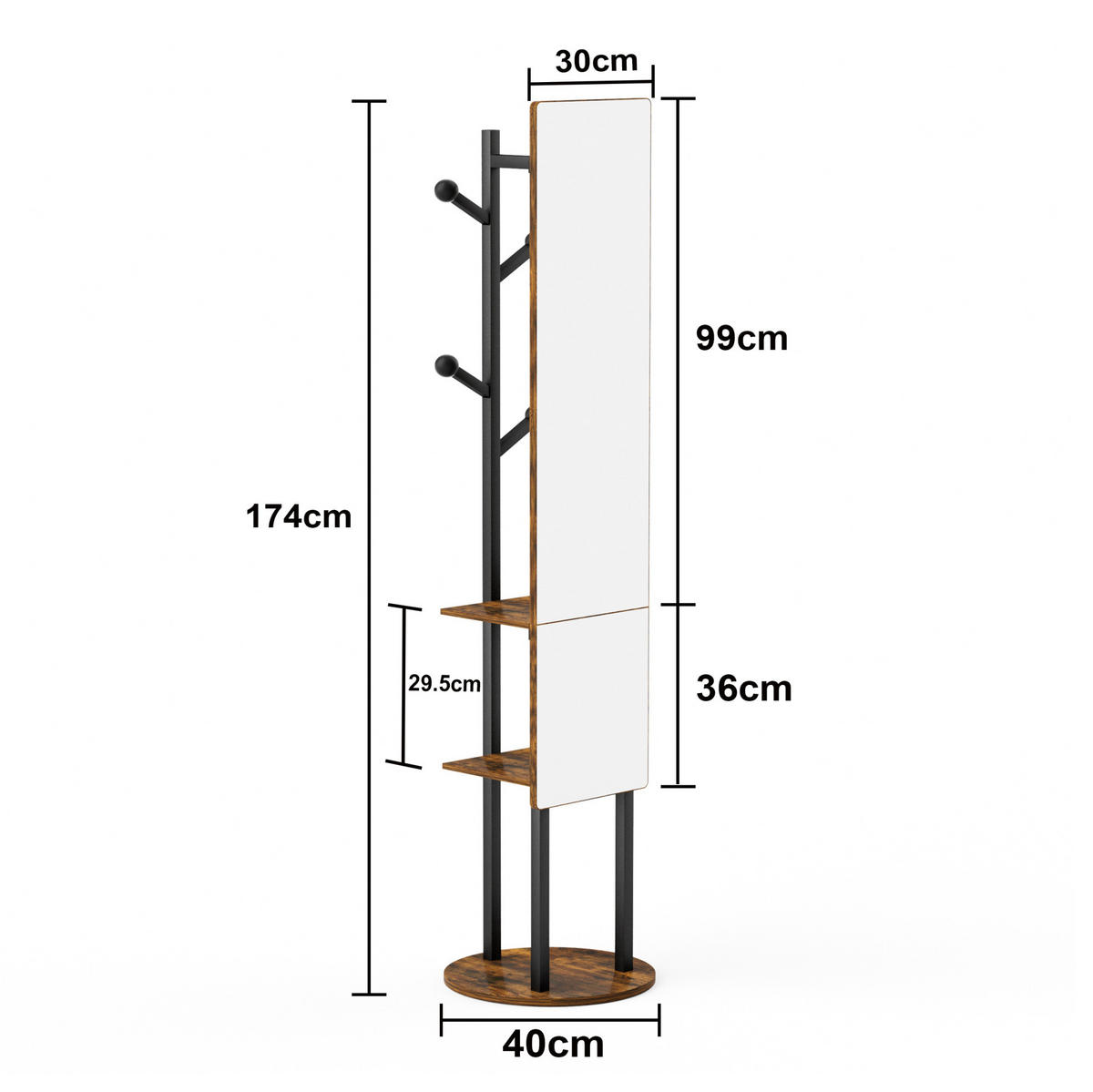 GARDEROBENSPIEGEL 40/174 cm 360° drehbar mit Kleiderhaken und Stauraum, Schwarz/Braun - Schwarz, Holzwerkstoff (40/174/40cm) - Redom