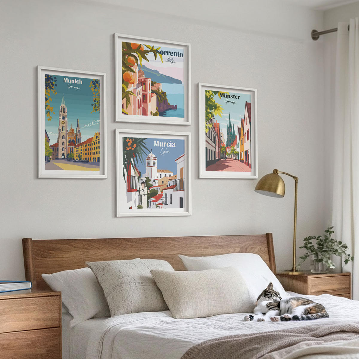 BILDER SET 4er Set - 50x50 cm & 40x60 cm Weißer Rahmen - Europäische Städte in farbigen Illustrationen - Weiß, Kunststoff (50/50cm) - TULUP