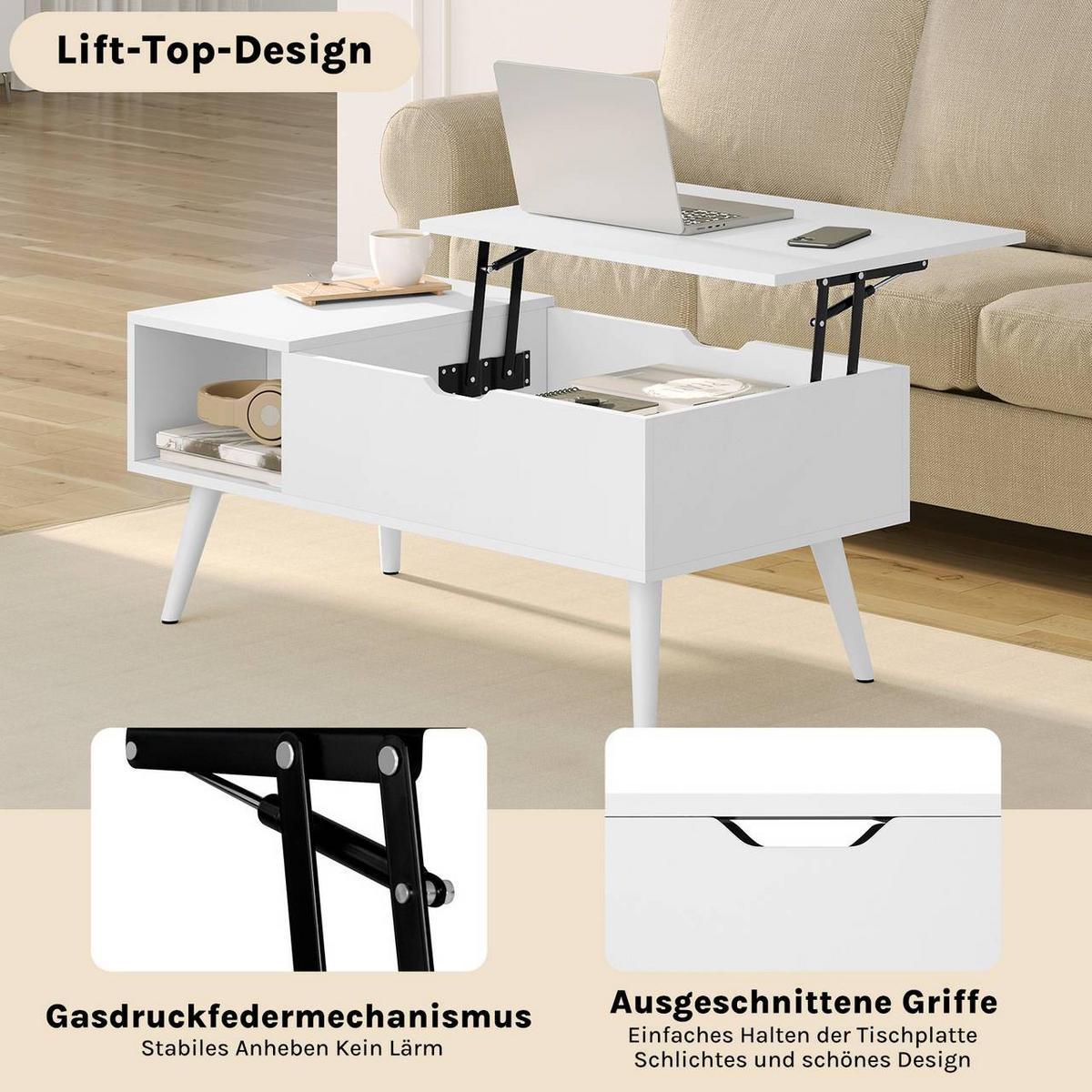 COUCHTISCH höhenverstellbar(47-53 cm), mit Stauraum, Weiß - Weiß, Holzwerkstoff/Metall (50/100/43cm) - Woltu