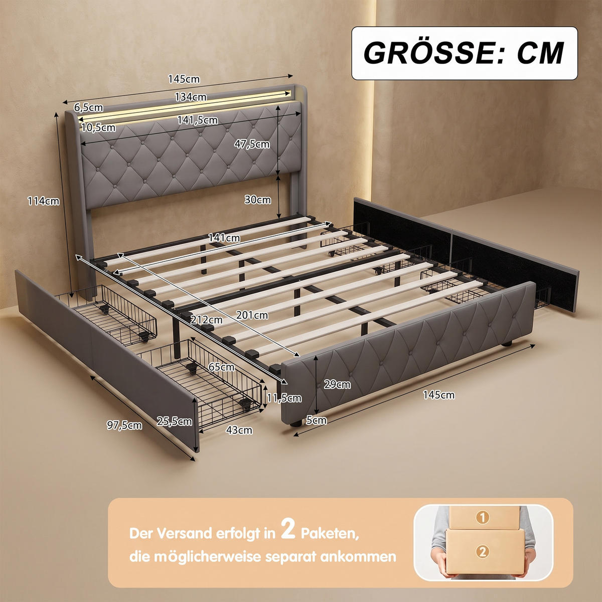 POLSTERBETT, LED-Beleuchtung Doppelbett 140x200cm mit Ladefunktion und 4 Schubladen, Samt, grau - Grau, Holz/Holzwerkstoff (140/200cm) - GENKI LIVING