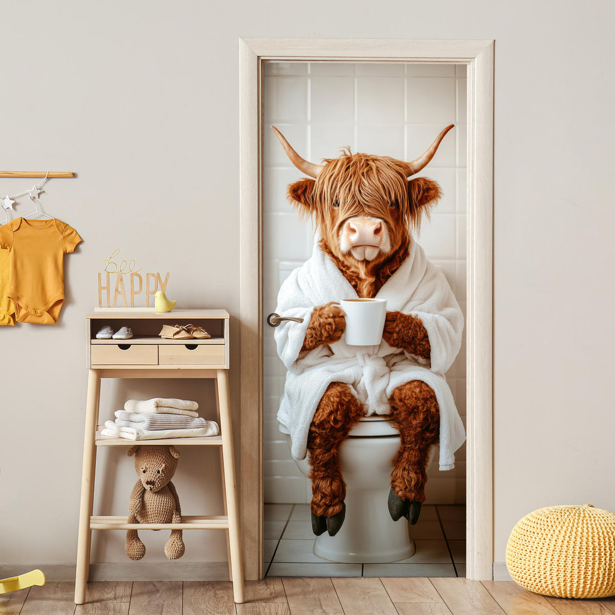 TÜRAUFKLEBER Selbstklebend - Schottisches Hochlandrind - WC - Bademantel - Modern - Tiere 95x215 cm - Türtapete - Kastanienfarben, Kunststoff (95/0.1cm) - MuchoWow