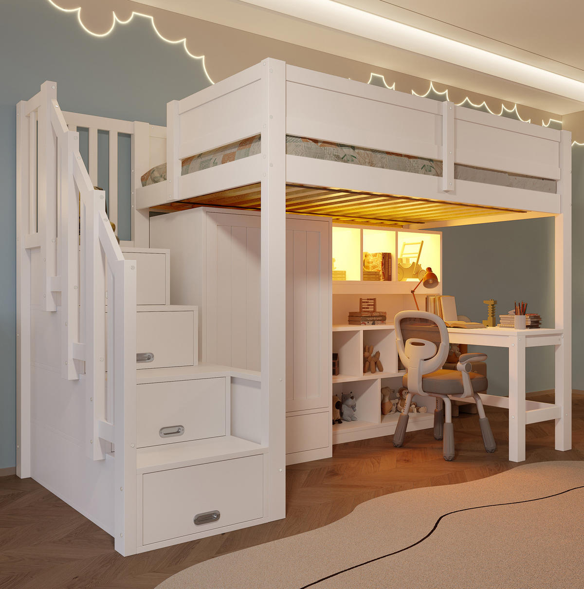 HOCHBETT mit Schreibtisch, Schrank und Stauraumtreppe 90x200 cm Weiß - Weiß, Holzwerkstoff (90/200cm) - Beauniv