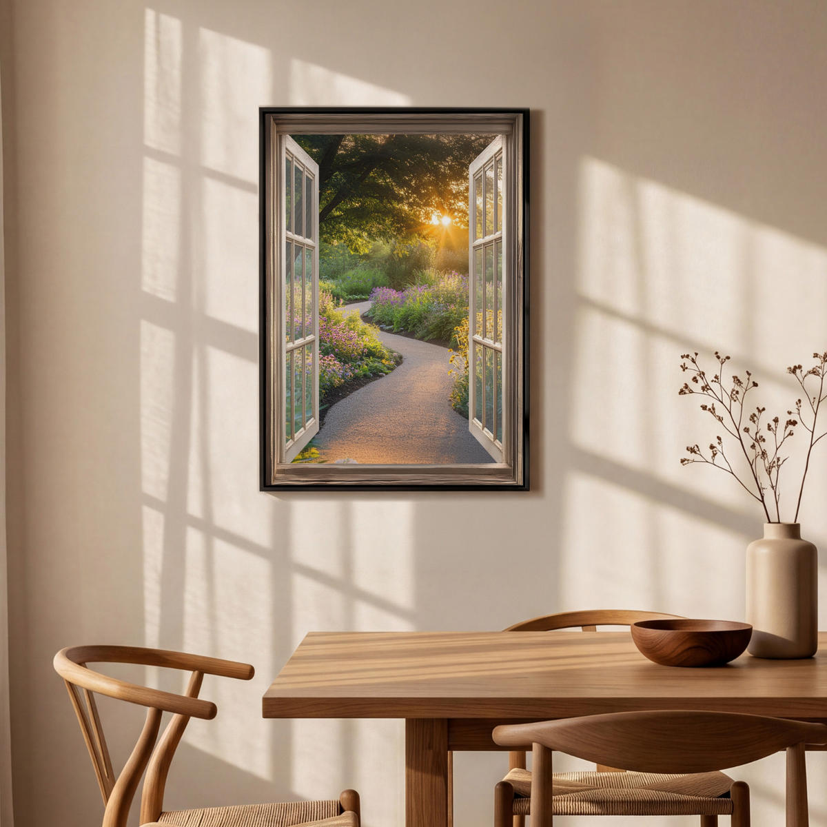 LEINWAND Bilder mit Rahmen - Aussicht - Blumen - Natur - Sonne - Weg - 60x90 - Hellgelb, Textil (60/90cm) - MuchoWow
