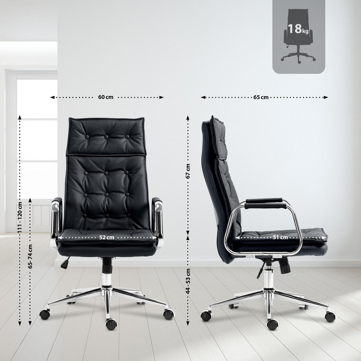 BÜROSTUHL Ronix Echtleder schwarz - Chromfarben/Schwarz, Leder/Metall (60/120/65cm) - TPFLiving