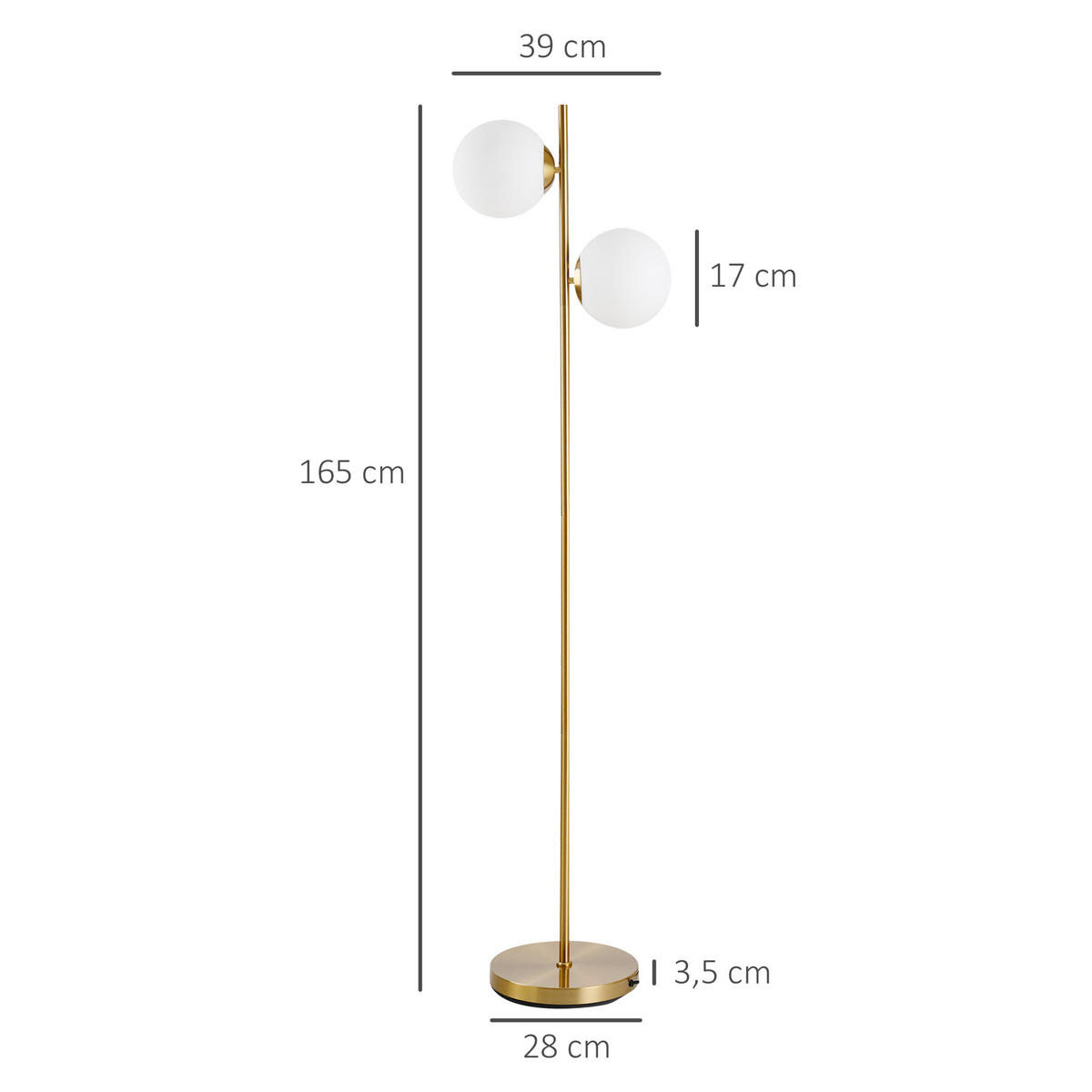 STEHLAMPE, Stahl+Glas, Golden+Weiß - Goldfarben/Weiß, Metall (39/28/165cm) - HOMCOM