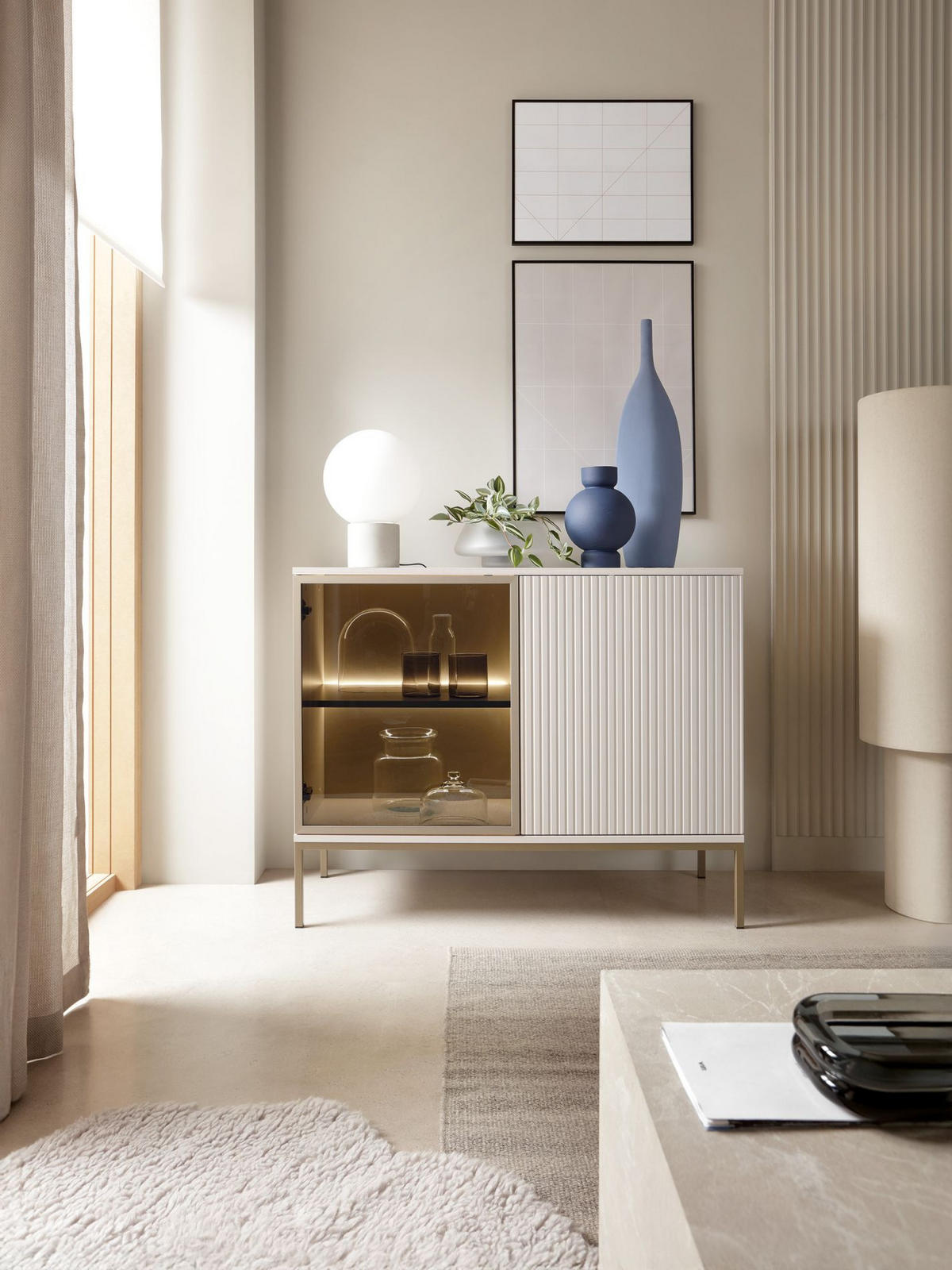 SIDEBOARD Tosena Greige mit LED 104 cm - Kaschmir/Goldfarben, Holzwerkstoff/Metall (104/83/39cm) - Selsey