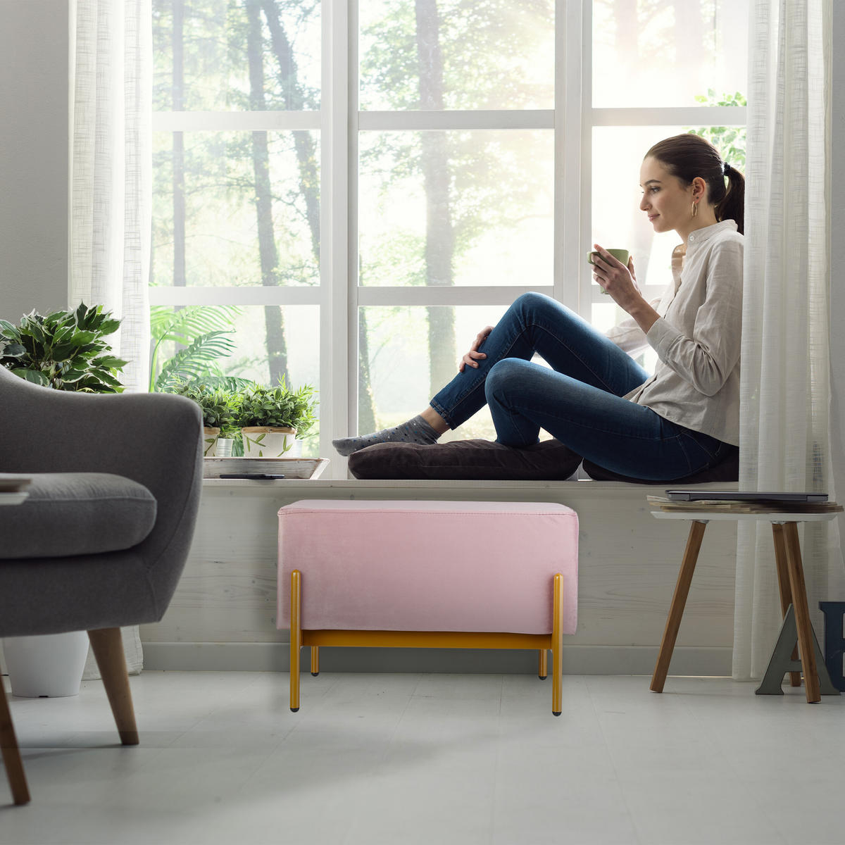 SITZBANK - Grau, Holzwerkstoff/Textil (60/40/43cm) - Relaxdays