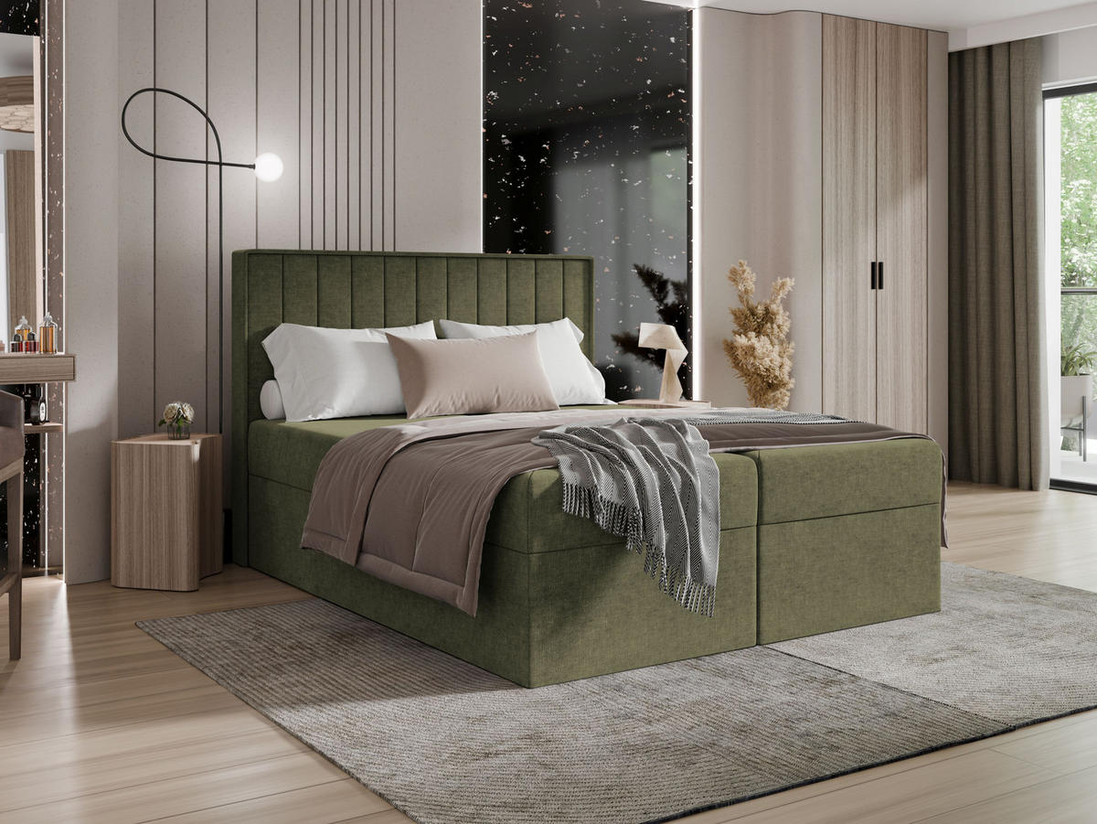 BOXBETT - Taschenmatratze + Topper 160x200 grün Chenille - Grün, Holz/Holzwerkstoff (160/200cm) - SIMKAM Furniture
