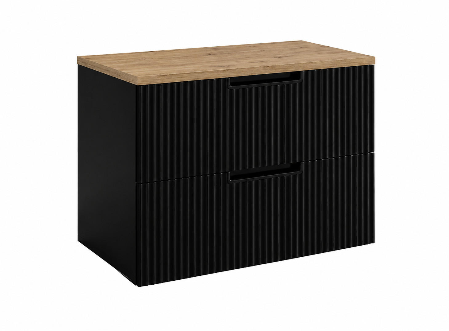 BADEZIMMERSCHRANK hängend 80 mit Schubladen, Korpus in Schwarz + Platte in Eiche Craft, mit Griffen, 80 x 46 x 58,6 cm - Schwarz, Holzwerkstoff (80/58.6/46cm) - 3XE LIVING