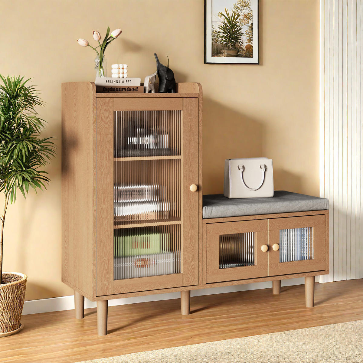 SCHUHSCHRANK mit Sitzbank, 3 Türen, verstellbare Einlegeböden, 100 x 35 x 90 cm, Hellbraun - Hellbraun, Holz/Metall (35/90/100cm) - GENKI LIVING