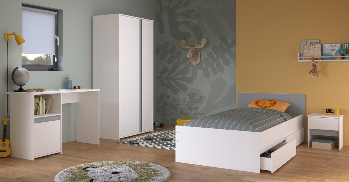 KINDERZIMMER weiß, grau oder rosa, Komplett-Set 4-teilig mit Kleiderschrank, Schreibtisch, Bett 90x200 - Weiß, Holzwerkstoff (100/182/203cm) - Parisot Meuble