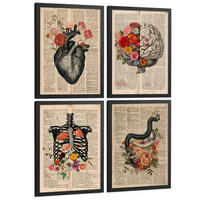 POSTER Set aus 4 Anatomie Drucke und Wandbilder mit Herz Gehirn Skelett und Darm Antiker Hintergrund Wanddekoration Größe Schwarzer Rahmen A4 - Schwarz, Papier (21/29.7/3cm) - Nacnic