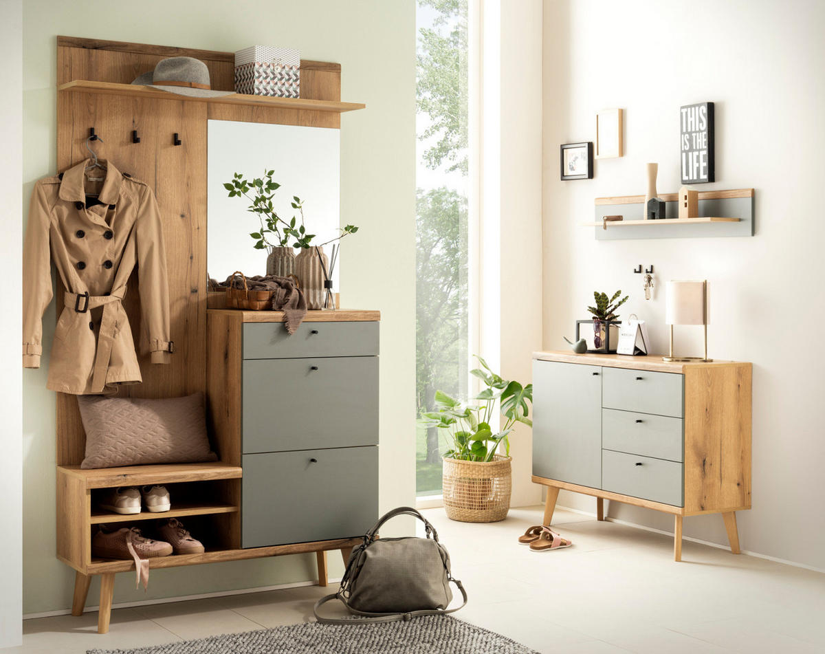 GARDEROBEN-SET 3-teilig Evoke Eiche, Salbei, Garderobenkombination skandinavisch 227 x 200 cm - Salbeigrün/Eichefarben, Glas/Holz (237/200/40cm) - Furn.Design