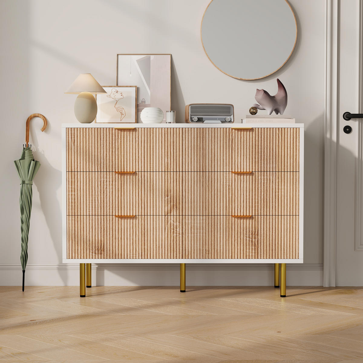 KOMMODE mit 6 Schubladen, Schubladenschrank Holz, in Naturholzfarbe + Weiß - Goldfarben/Naturfarben, Holz/Metall (34/73/100cm) - BPKADHY
