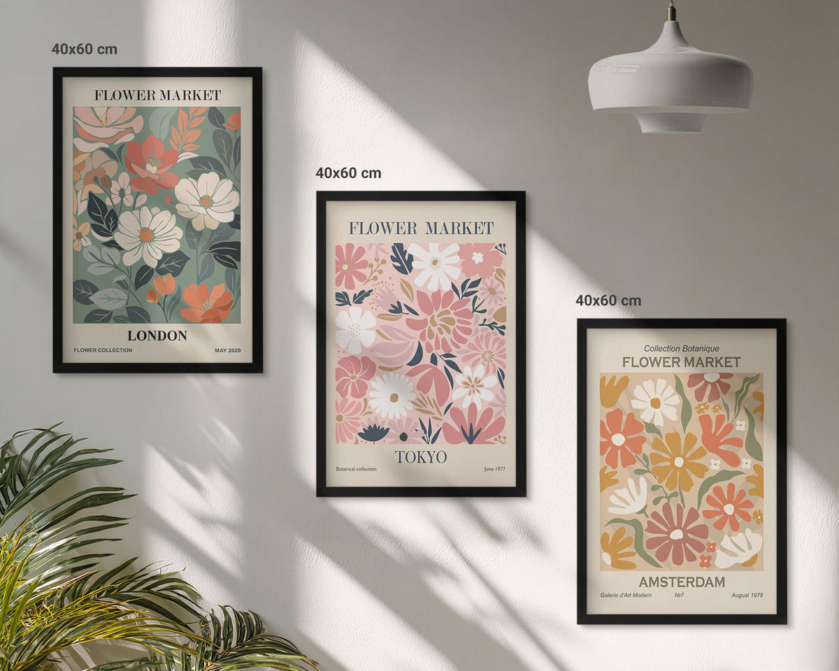 BILDER SET 3er Set - 40x60 cm Schwarzer Rahmen - Blumenmuster London Tokio Amsterdam - Schwarz, Kunststoff (40/60cm) - TULUP