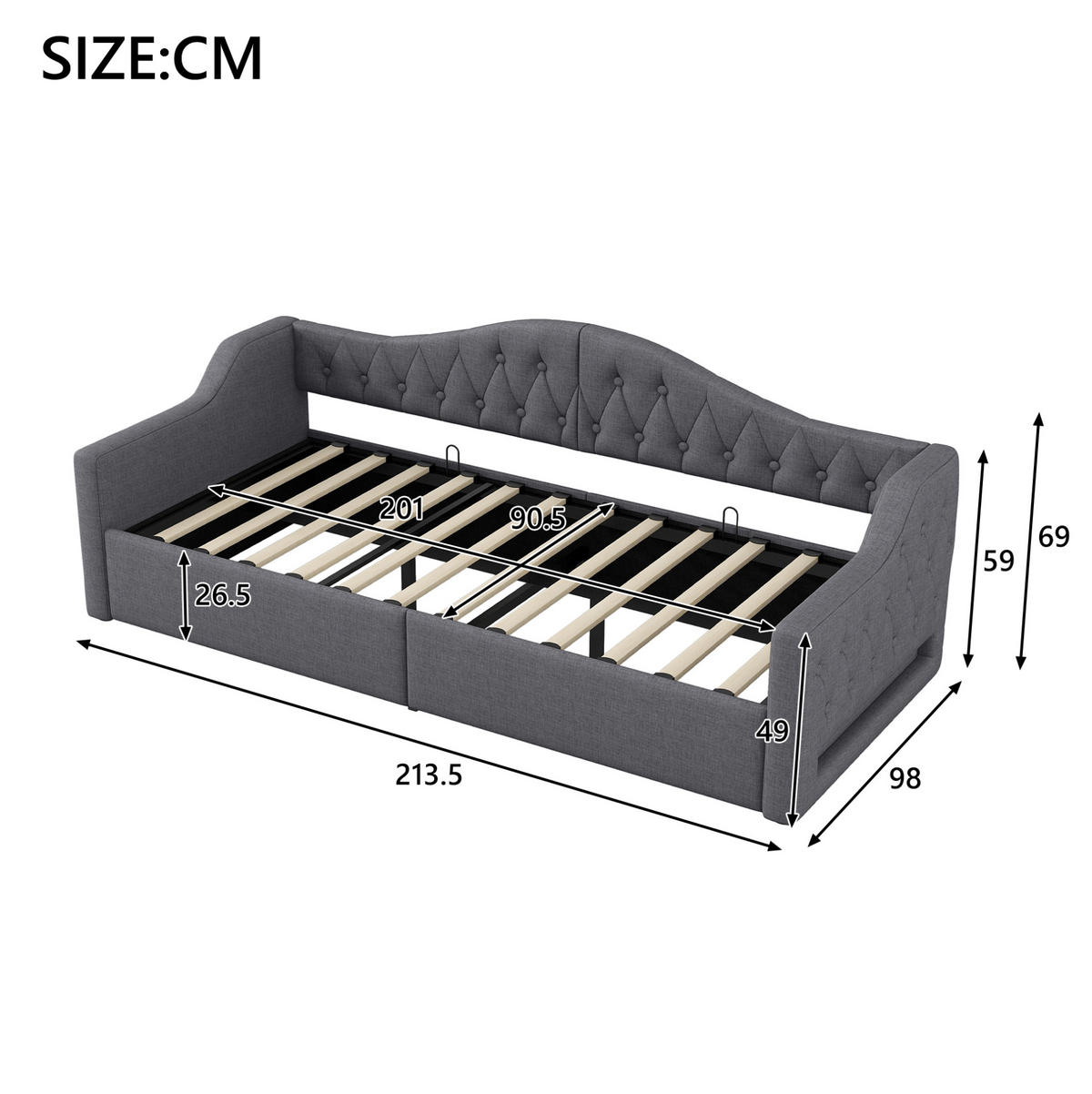 POLSTERBETT aus MDF und Sperrholz 90x200 cm Grau mit LED-Beleuchtung und Stauraum, Leinenpolsterung - Grau, Holzwerkstoff (90/200cm) - Modfu