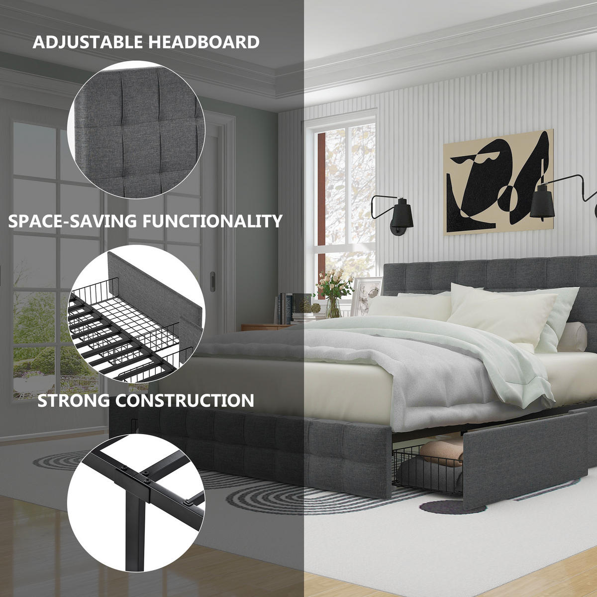 POLSTERBETT 140/200 cm Grau aus Leinen mit 4 Schubladen - Grau, Textil (140/200cm) - OKMYHOME