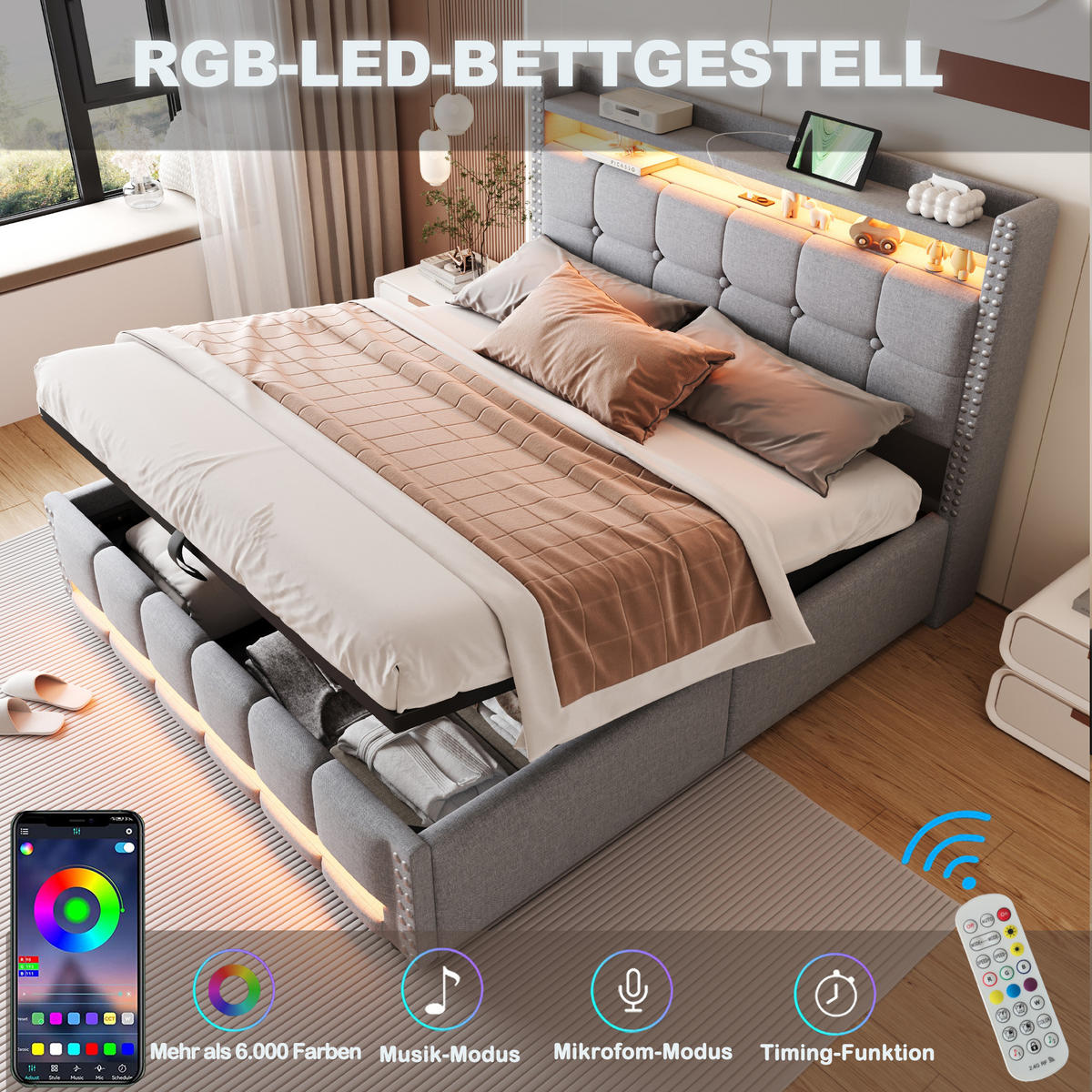 POLSTERBETT 160x200 cm LED USB Stauraum hellgrau - Hellgrau, Textil (160/200cm) - LEBENLANG