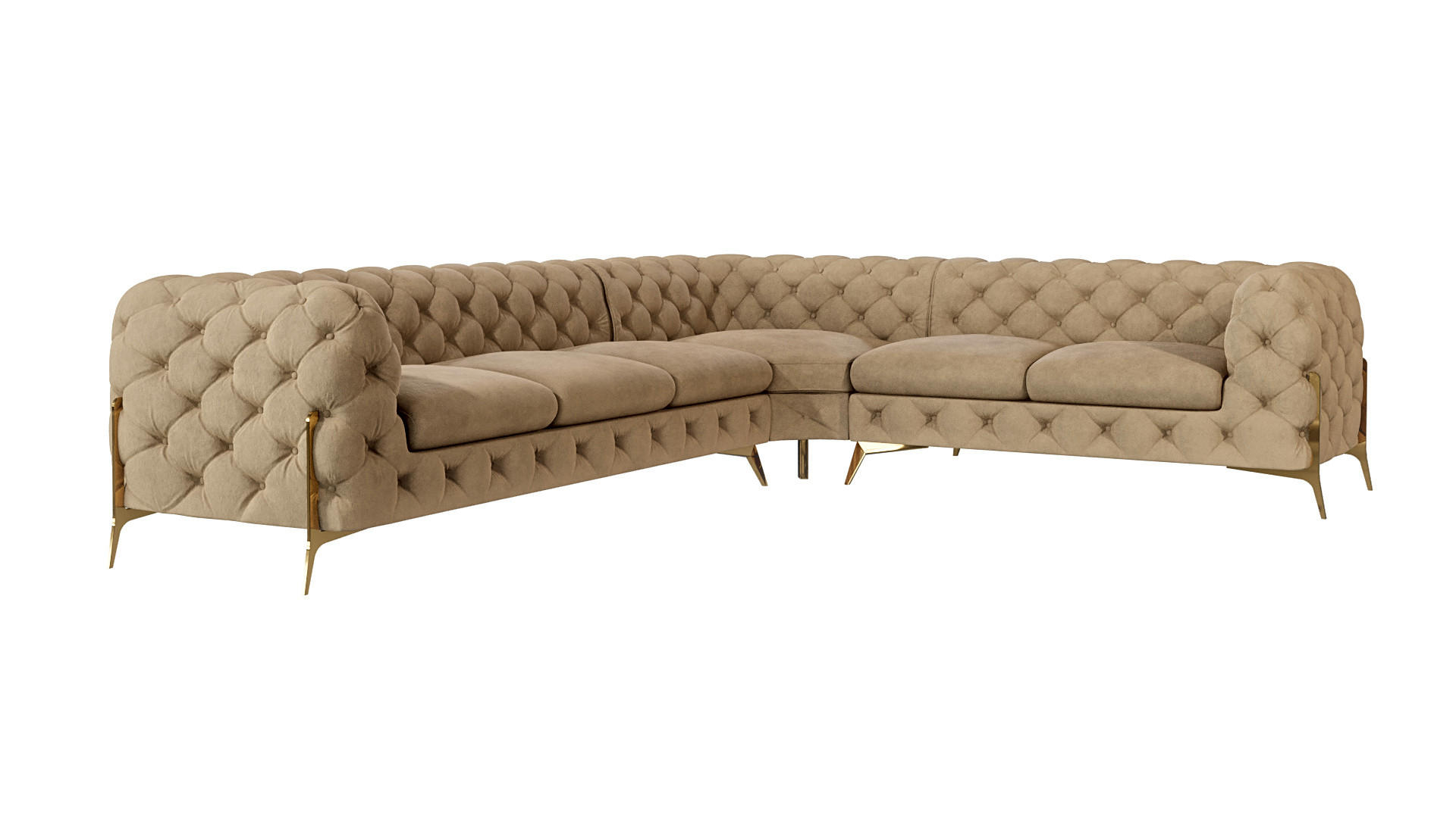 S-Style CHESTERFIELD ROHOVÁ SEDAČKA Lexi z béžového sametu se zlatými nohami - otoman vpravo