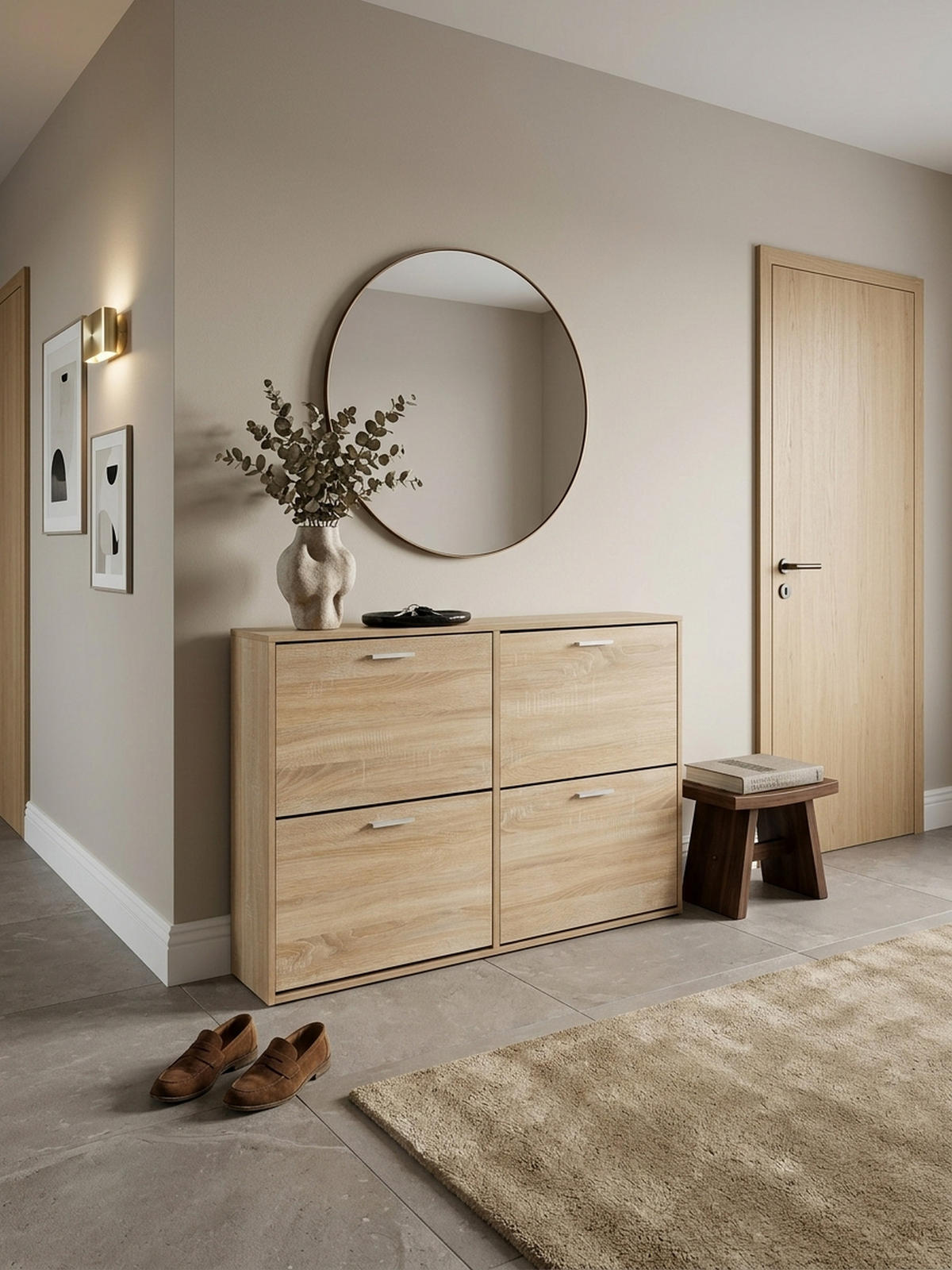 SCHUHSCHRANK Holz mit 4 Klappen und großer Ablage, Beige 120x24x81 cm - Beige, Holz/Metall (120/81/24cm) - KADIMA DESIGN