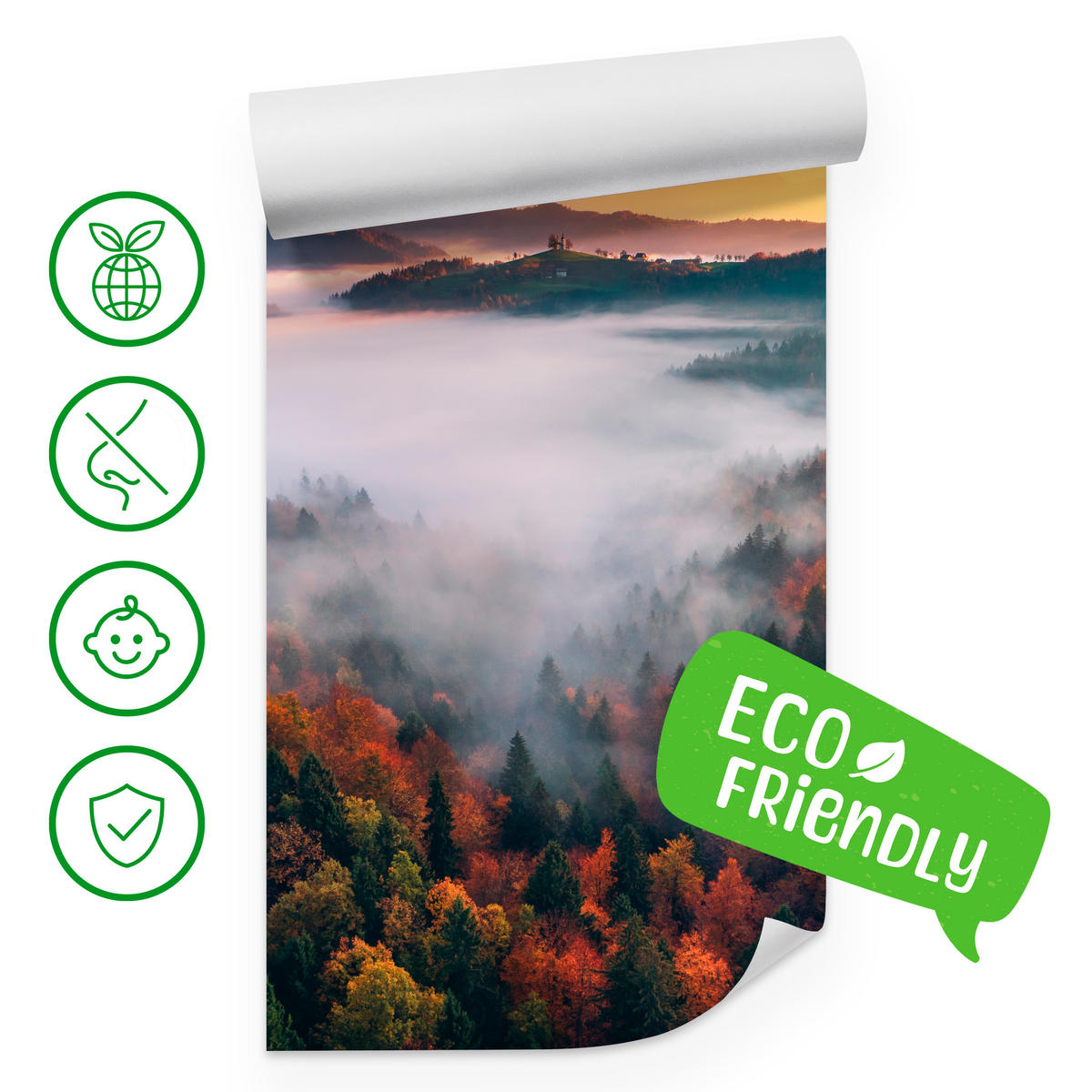 FOTOTAPETE für Wohnzimmer Nebelwald Sonnenuntergang Berge Bäume 350x256 - Beige/Rot, Papier (350/256cm) - Muralo