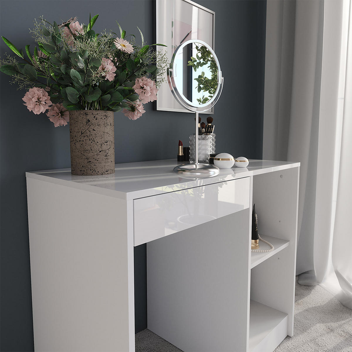 SCHMINKTISCH Sherry Weiß/Weiß Hochglanz 89.8 cm - Weiß Hochglanz, Holzwerkstoff (89.8/76/50.1cm) - Vicco