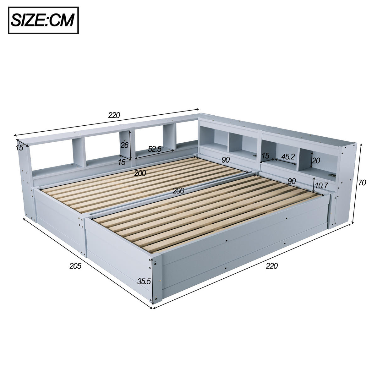 SCHLAFSOFA 90x200cm LED Stauraum Steckdose Holzbett Grau - Grau, Holzwerkstoff (180/200cm) - FLIEKS