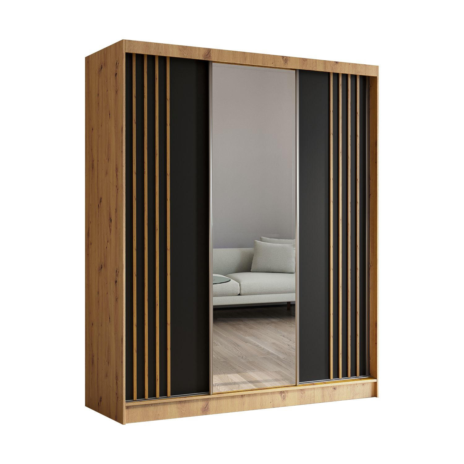 SCHWEBETÜRENSCHRANK Neli 180 cm mit Lamellen und Spiegel 3-türig, Artisan, schwarz, Lamelle Artisan - Braun/Eiche Artisan, Kunststoff (180/216/61cm) - Margaret Hadas24