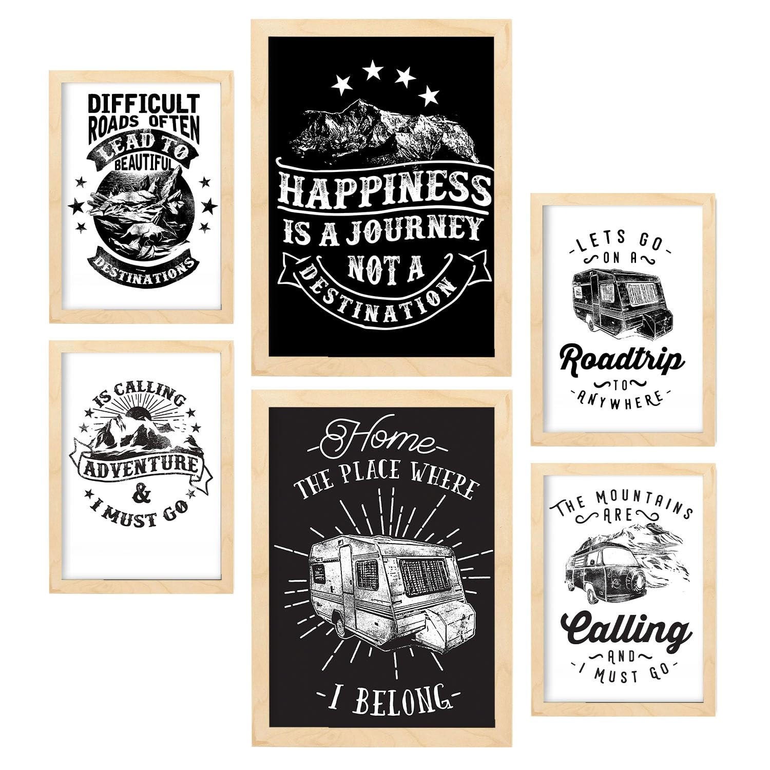 POSTER Set Mit 6 Reisen In Rustikale Zitate A3 & A4 Rahmen Aus Hellem Holz - Beige, Papier (29/3cm) - Nacnic
