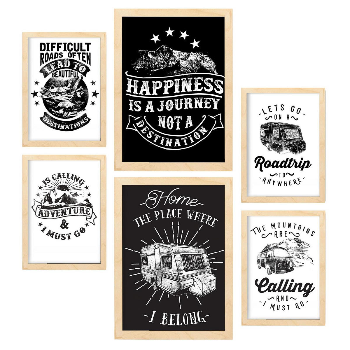 POSTER Set Mit 6 Reisen In Rustikale Zitate A3 & A4 Rahmen Aus Hellem Holz - Beige, Papier (29/3cm) - Nacnic
