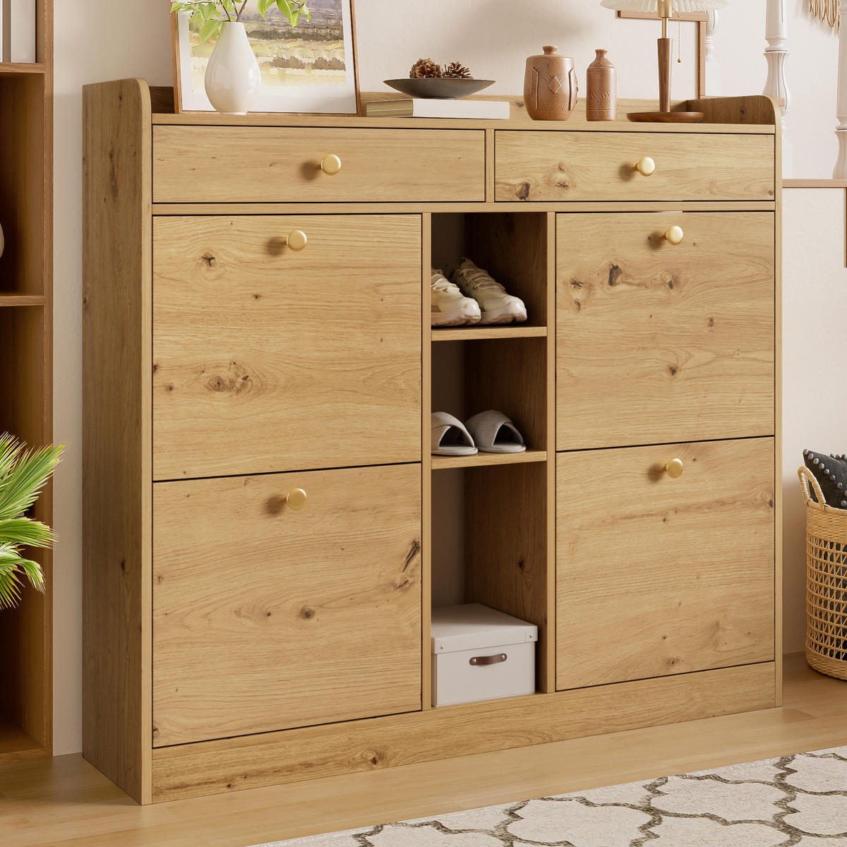 SCHUHSCHRANK aus Spanplatte 110x26x100cm in Natur mit 4 Klapptüren - Naturfarben, Holzwerkstoff (110/100/26cm) - Modfu