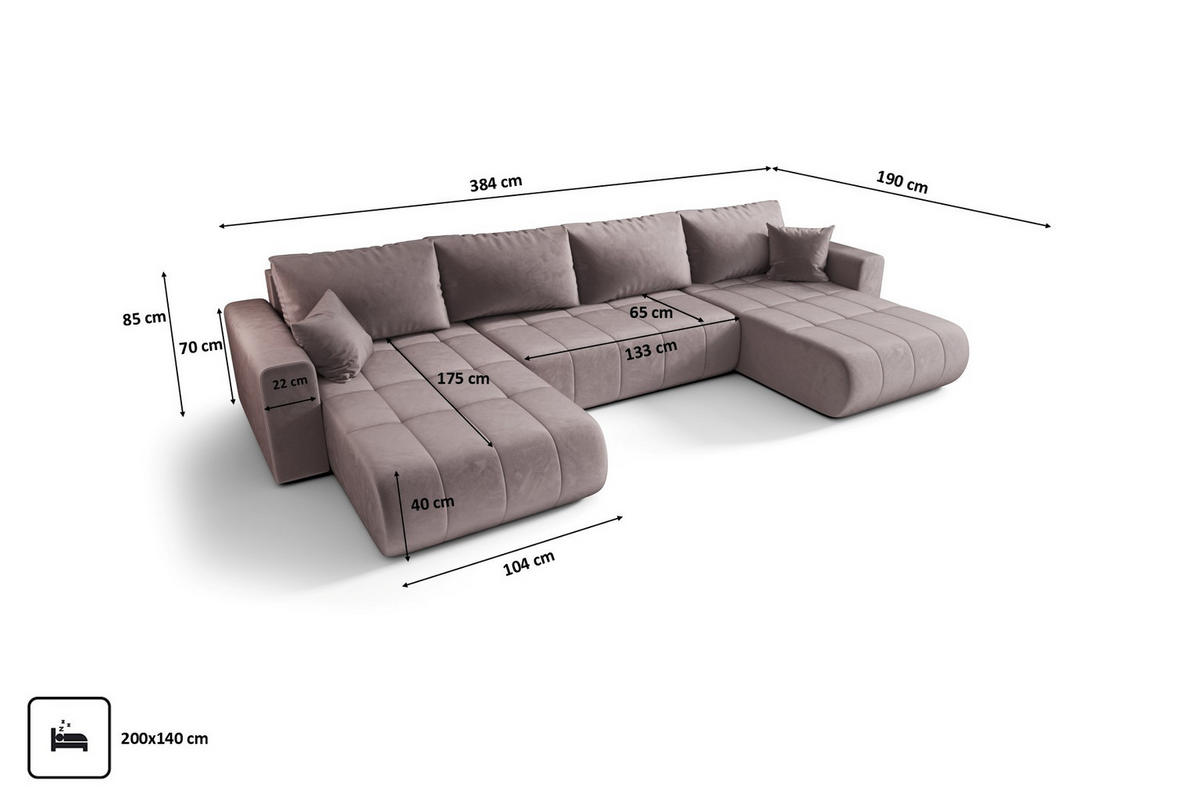 ECKSOFA mit schlaffunktion und bettkasten MILO U, stoff MONOLITH, Lila - Violett, Holz (384/190cm) - Kaiser Möbel