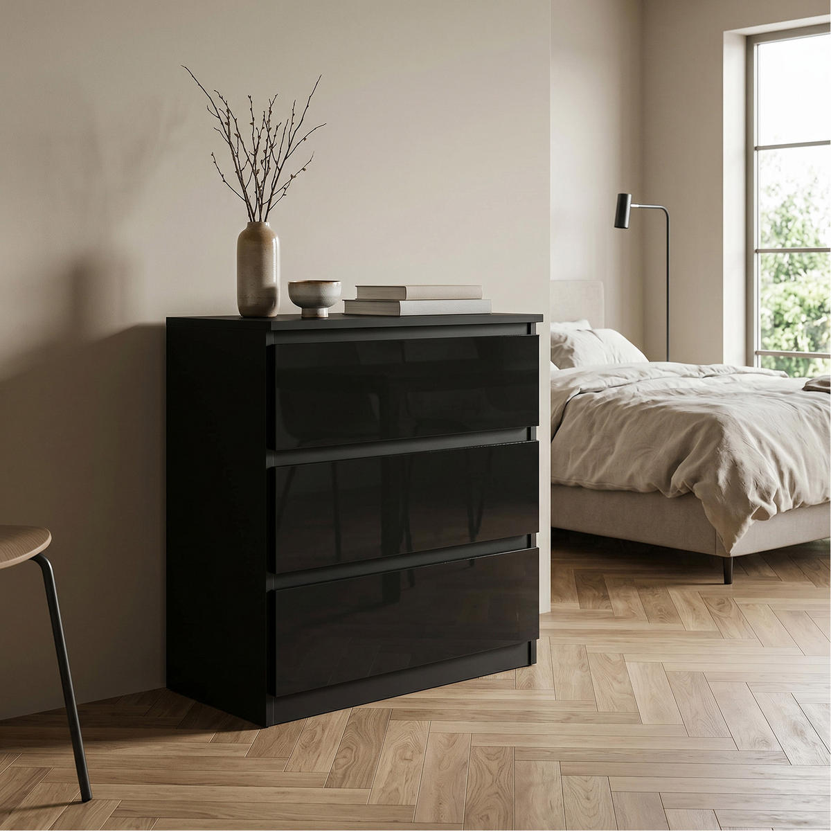 KOMMODE NUDO 70/78,5/39cm mit 3 Schubladen Türen Schwarz - Schwarz Hochglanz/Schwarz, Holzwerkstoff (70/78.5/39cm) - MASSENO