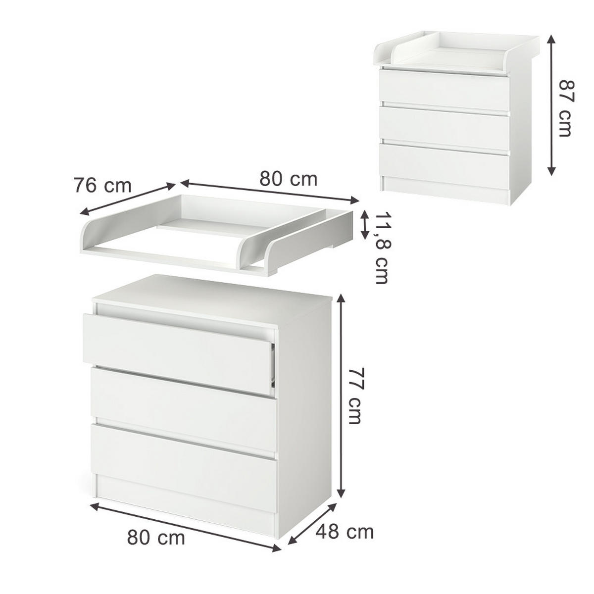 KOMODA ZA PRESVLAČENJE Emma Bijela 80 x 87 cm s 3 ladice - bijela, drvni materijal (80/87/76cm) - Vicco