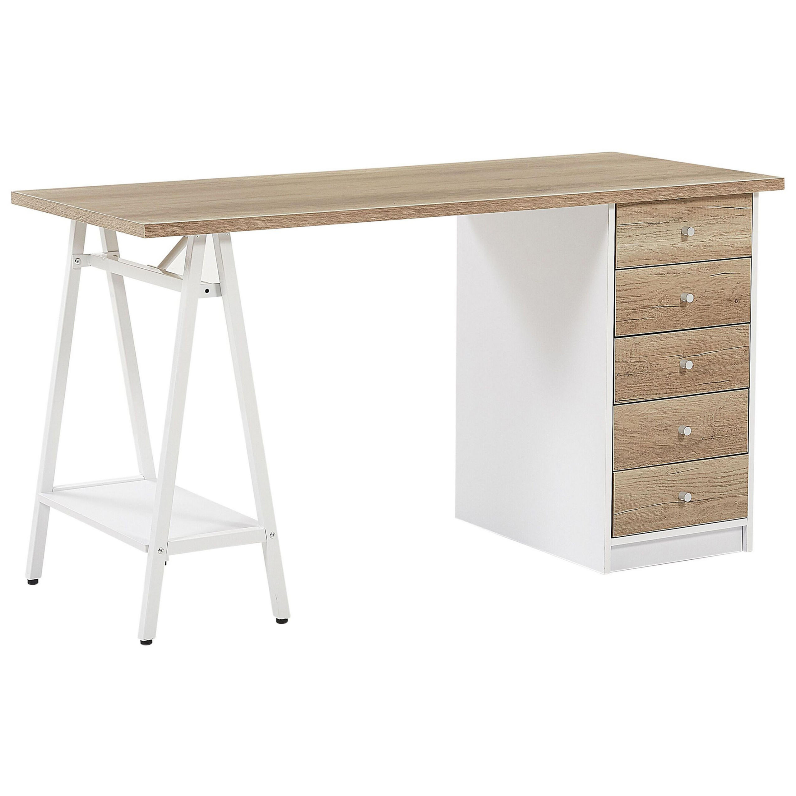 SCHREIBTISCH heller Holzfarbton/weiß 140/60/76 cm Heber - Hellgrau, Holzwerkstoff (60/140/76cm) - Beliani