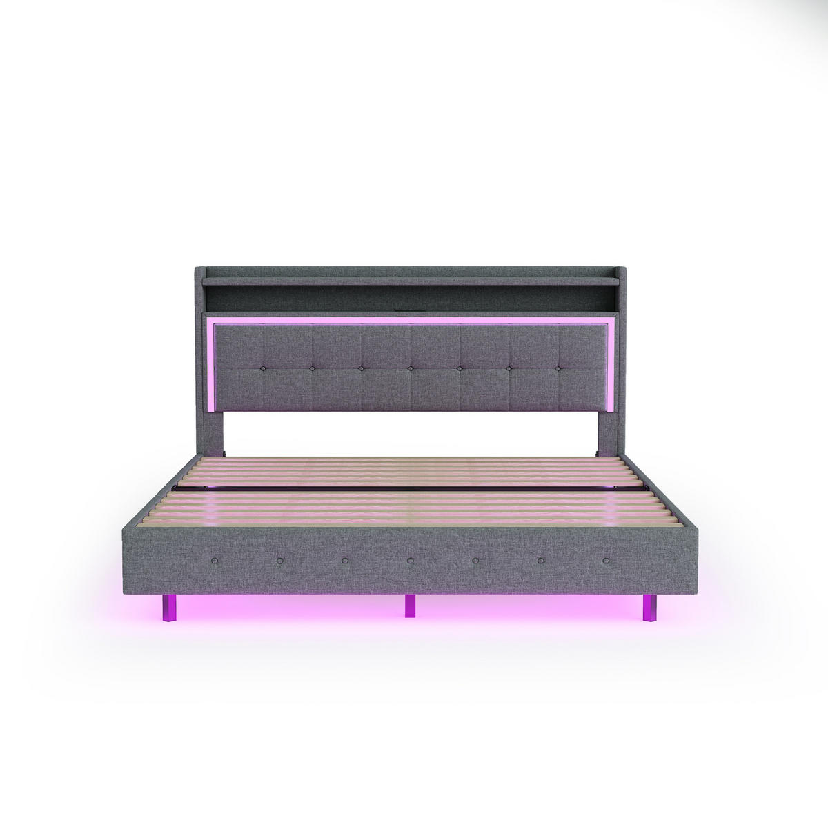 POLSTERBETT 160/200 cm mit USB-Steckdose, LED-Beleuchtung, versteckten Füßen und Leinenbezug, Grau - Grau, Textil (160/200cm) - Redom
