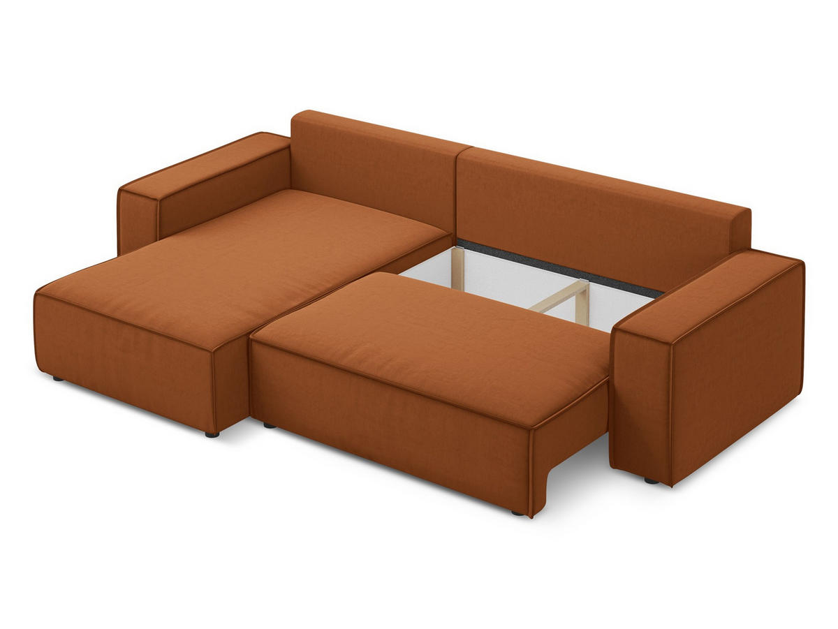ECKSOFA mit Schlaffunktion Samt Stoff Orange - Terra cotta/Schwarz, Kunststoff/Textil (185/290cm) - Makamii