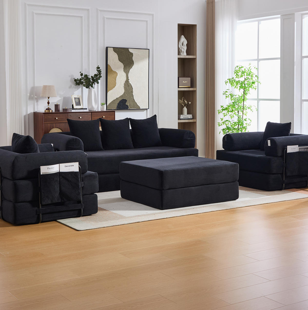 3-SITZER aus Cord 200x94x67 cm Schwarz mit Hocker, Metallgestell, Seitentasche und frei kombinierbaren Modulen - Schwarz, Textil (200/67/190cm) - Modfu