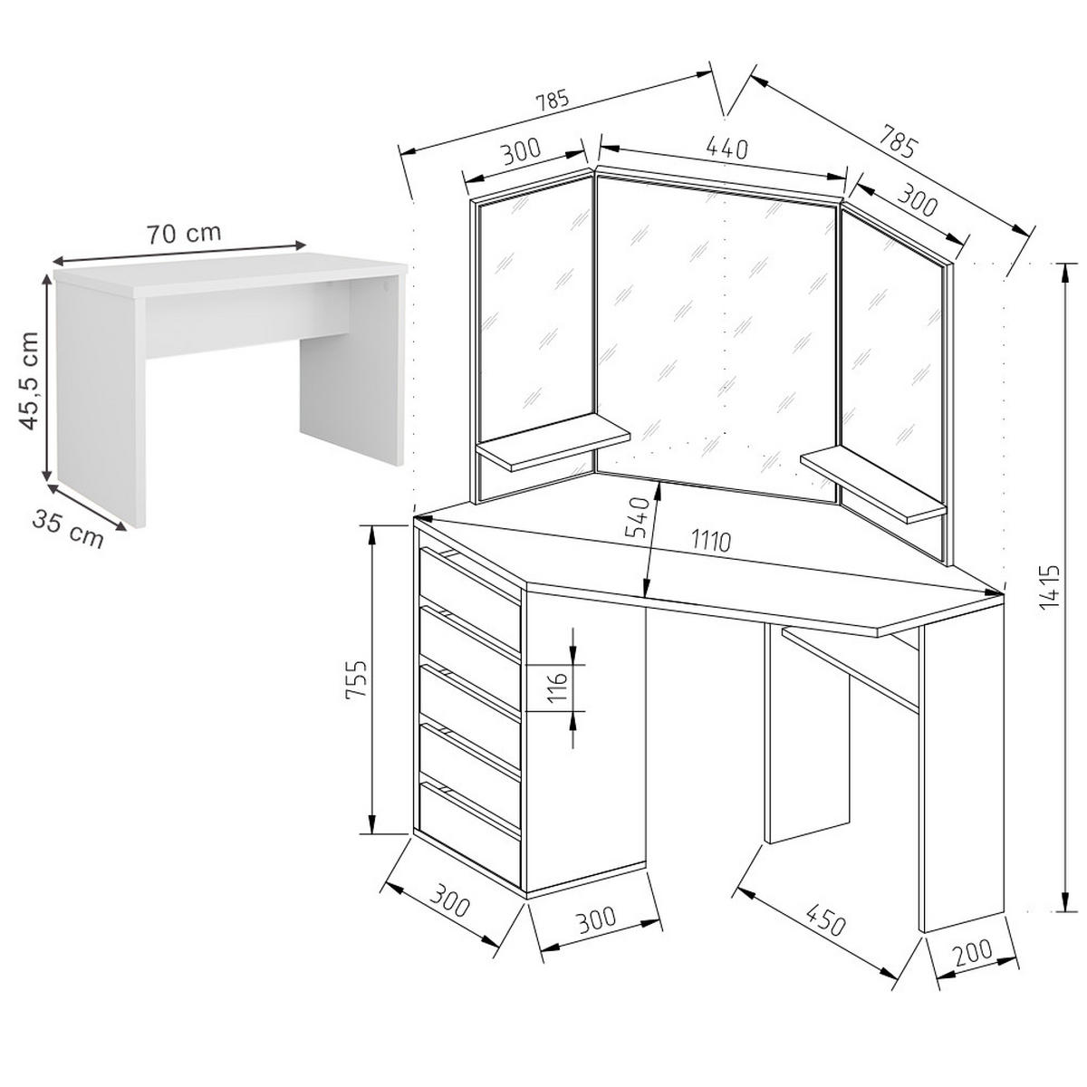 ECKSCHMINKTISCH Arielle Weiß 110 cm mit Bank - Weiß, Holzwerkstoff (110/141.5/54cm) - Vicco