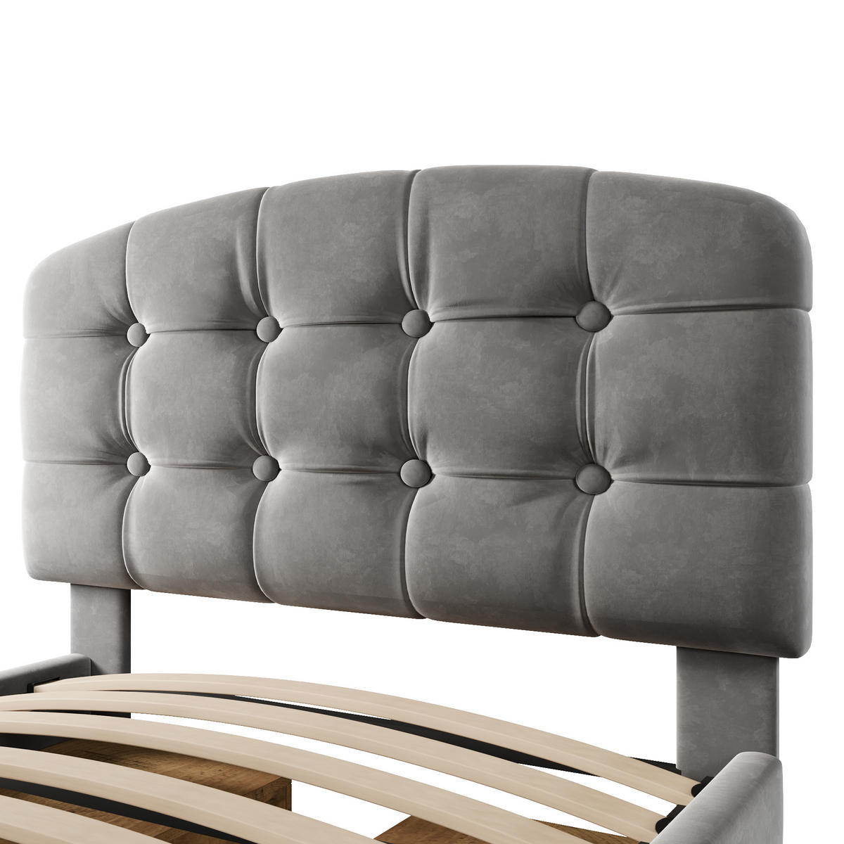 POLSTERBETT 90/200 cm in Grau Samt mit Schubladen, Regal und verstellbarem Kopfteil - Beige/Grau, Holzwerkstoff/Textil (90/200cm) - STILVORA